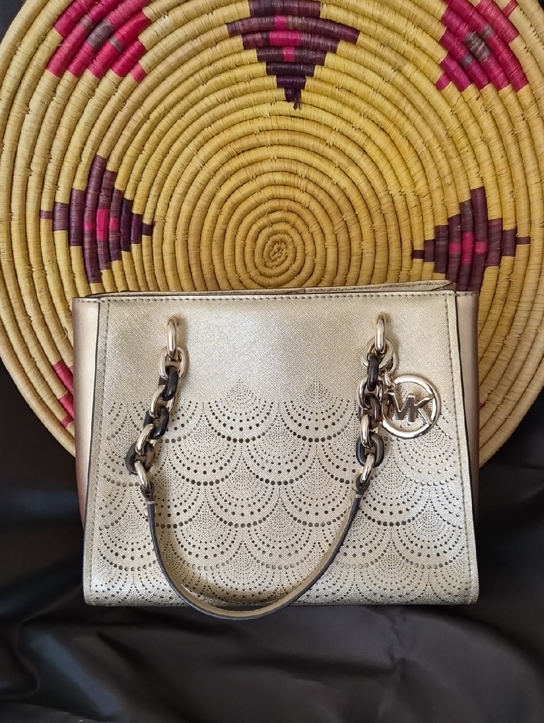 Michael Kors Metallic Gold Perforated Satchel With Chain Handles